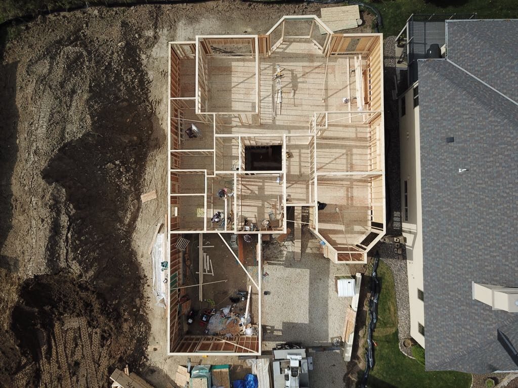 Aerial view of a new construction framing project in the Twin Cities
